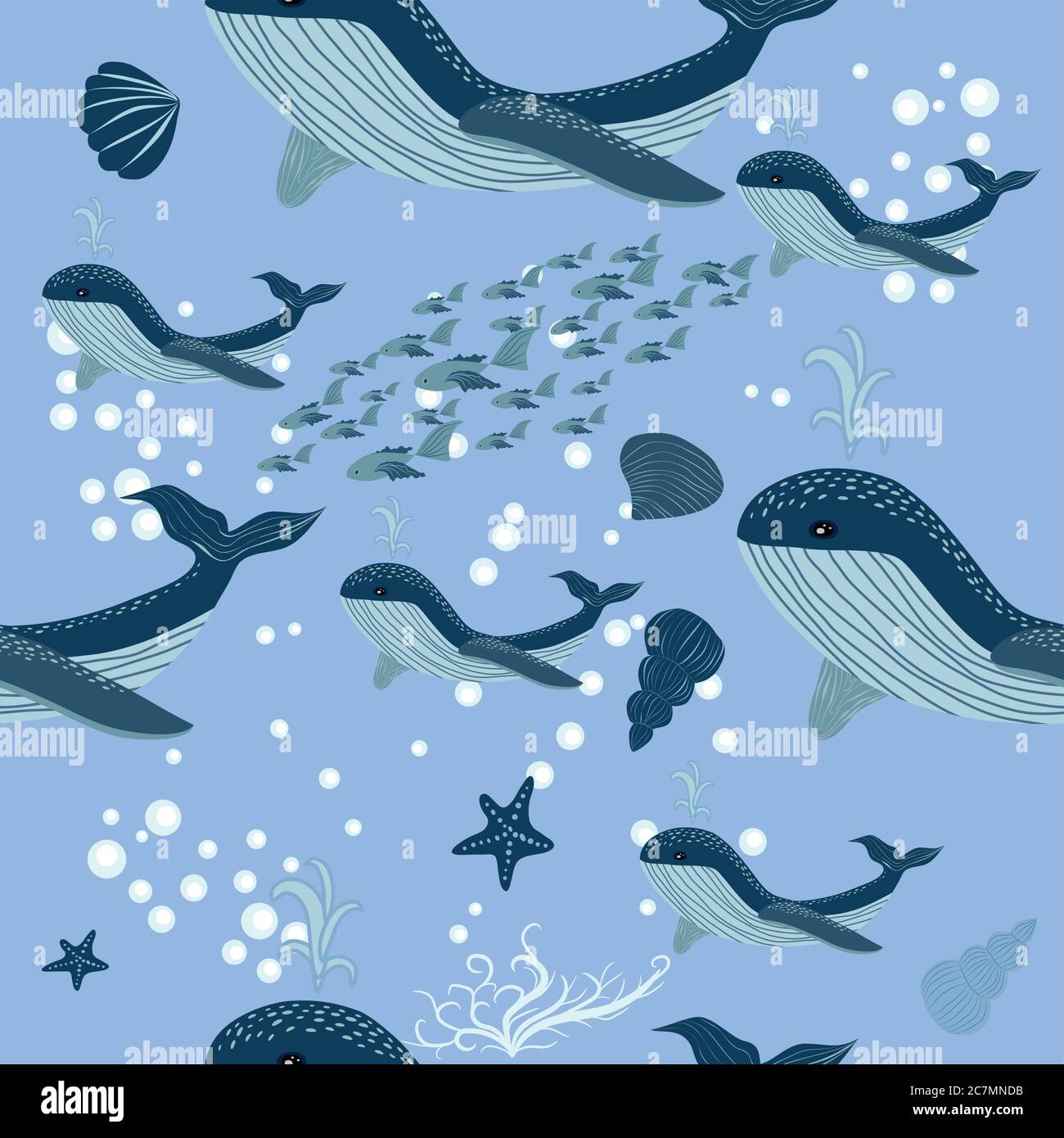 seamless pattern with underwater animals, seaweed and corals. Repeated ...