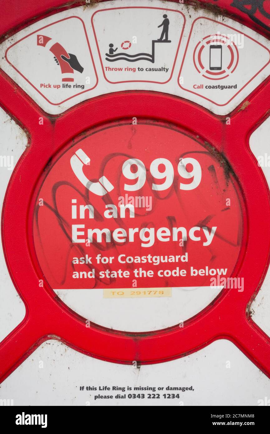 Closeup of a Coastguard buoyancy aid on the banks of the River Thames, London, England, UK Stock Photo