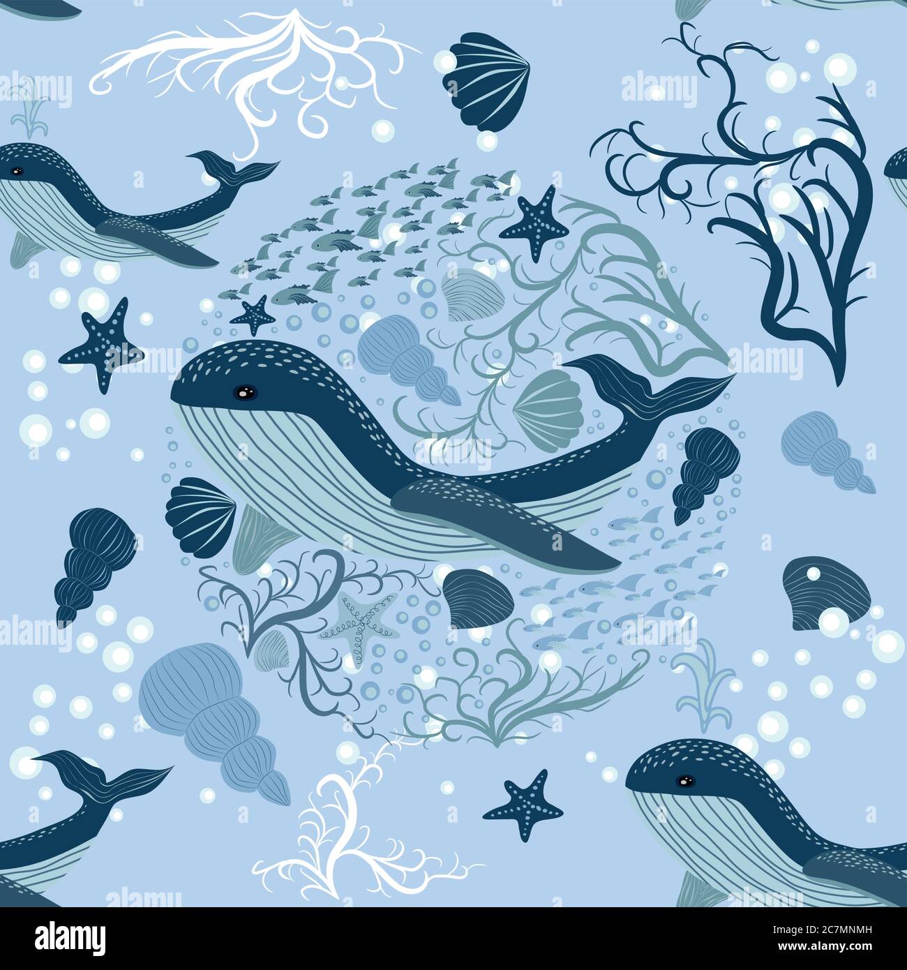 seamless pattern with underwater animals, seaweed and corals. Repeated ...