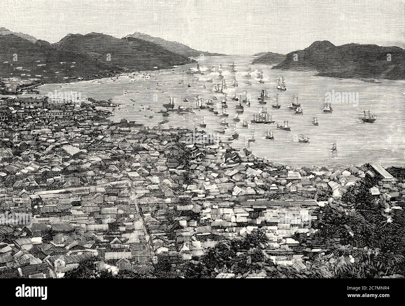 First Sino-Japanese War. Panoramic overview of Nagasaki, Japan. From La Ilustracion Española y Americana 1895 Stock Photo