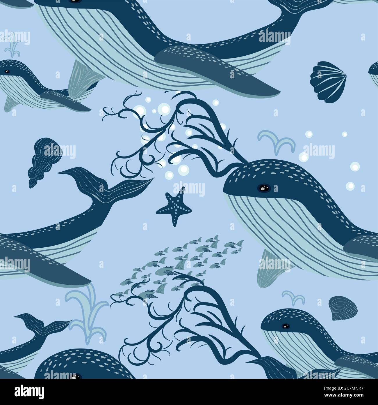 seamless pattern with underwater animals, seaweed and corals. Repeated ...