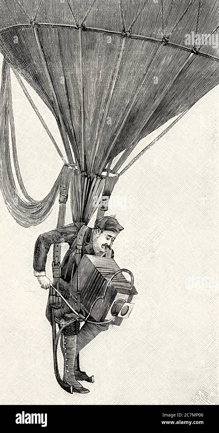 19th century aerial photography. Photographer hanging from a hot air balloon with his camera to take photographs. From La Ilustracion Española y Americana 1895 Stock Photo