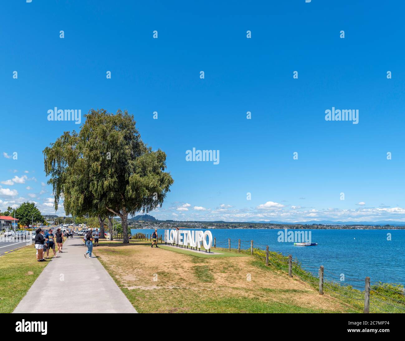 Footpath along the lakefront in Taupo, Lake Taupo, New Zealand Stock Photo