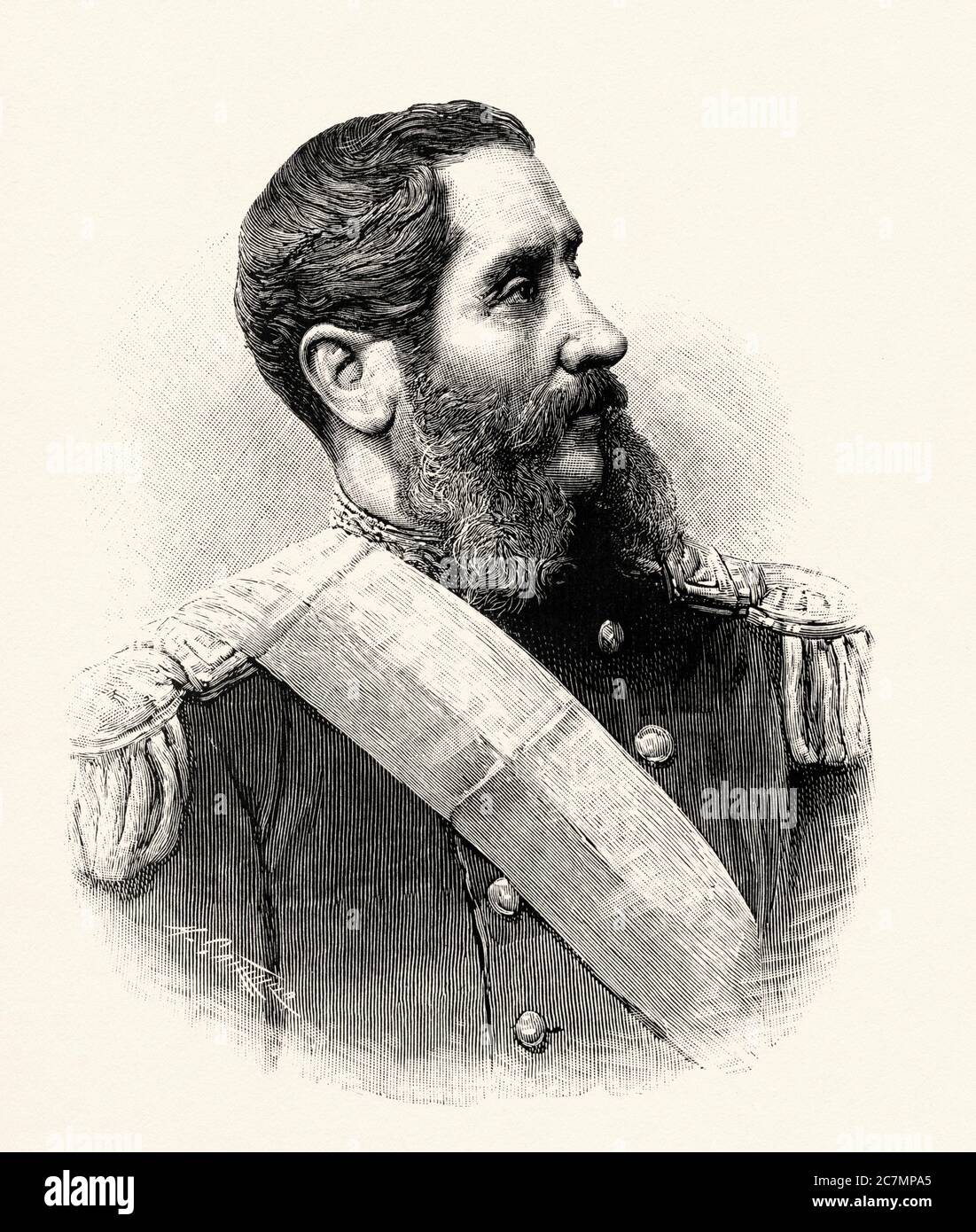 Portrait of Andres Avelino Caceres Dorregaray (Ayacucho 1833 - Lima 1923), was a Peruvian military man and politician who fought in the Pacific War and was Constitutional President of Peru. He is the patron of the Peruvian Army's Infantry Weapon. From La Ilustracion Española y Americana 1895 Stock Photo