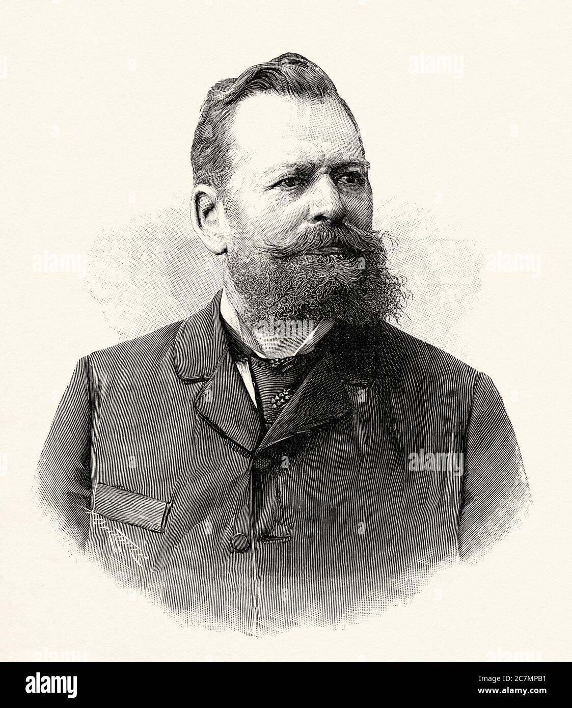 Peter Paul Mauser (1838 - 1914) was a German arms designer and politician and designer. He designed the famous Mauser rifle in 1871 and then the Mauser 98, considered the best military rifle in history. From La Ilustracion Española y Americana 1895 Stock Photo
