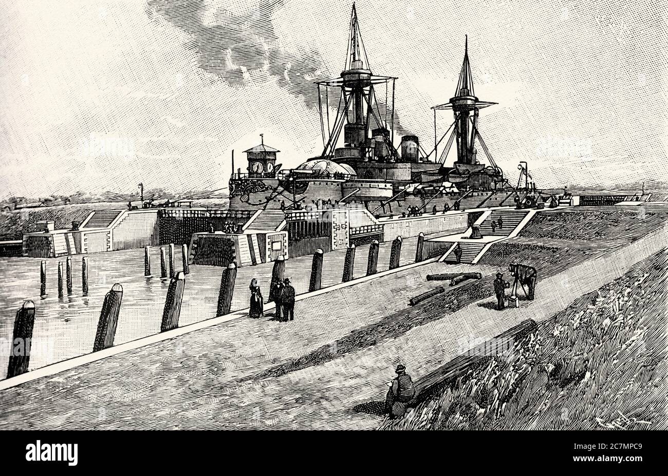 Kiel canal at Brunsbuttel in the North Sea near Hamburg 1895. From La Ilustracion Española y Americana 1895 Stock Photo