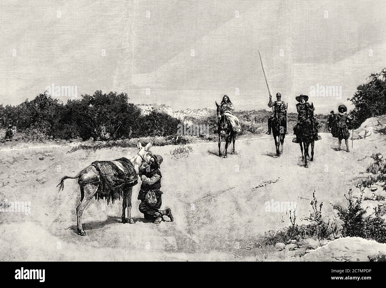 The reunion of the donkey, episode of Don Quixote, painting by Jose Moreno Carbonero. From La Ilustracion Española y Americana 1895 Stock Photo