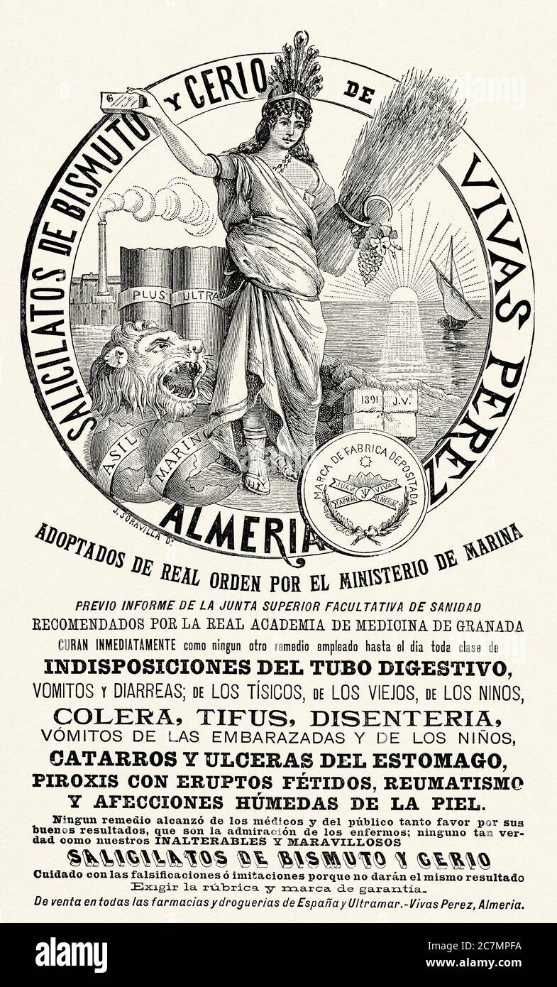 Advertising of the nineteenth century of a medicine bismuth silicate and cerium. From La Ilustracion Española y Americana 1895 Stock Photo