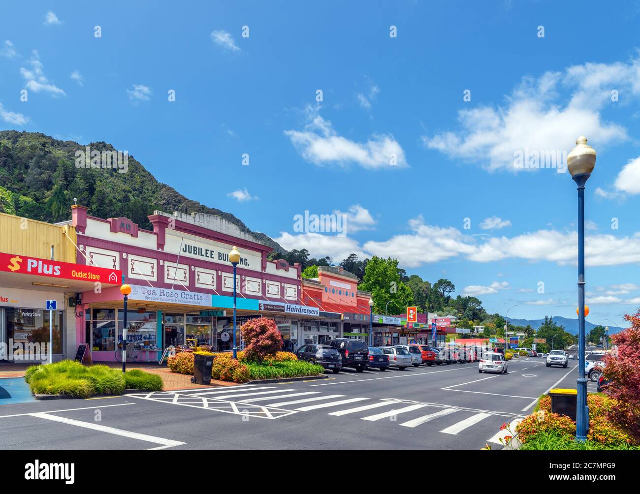 Shops and cafes on Whitaker Street in downtown Te Aroha, New Zealand