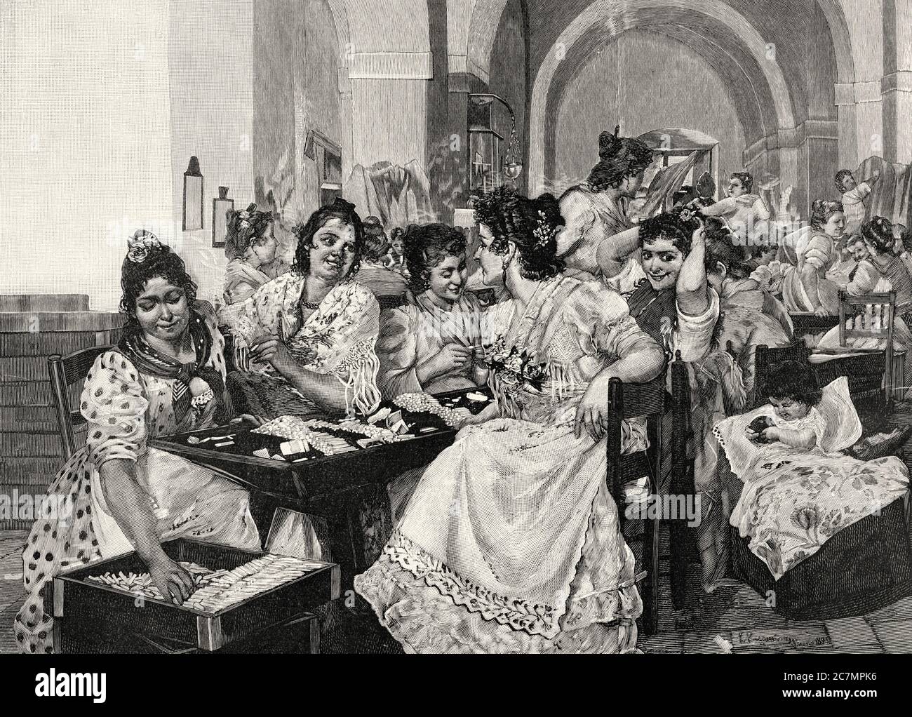 Cigarette makers in the tobacco factory in Seville, Spain. From La Ilustracion Española y Americana 1895 Stock Photo