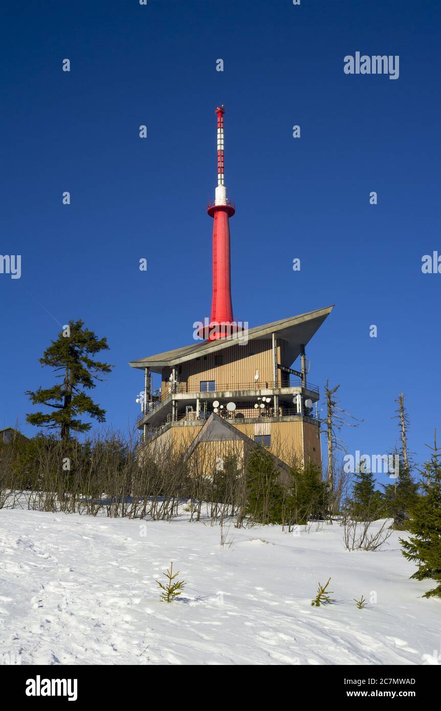 Lysa hora, Beskids mountains ( Beskydy ), Czech republic / Czechia, Central Europe - transmitter and communications tower on the top of the hill. Land Stock Photo