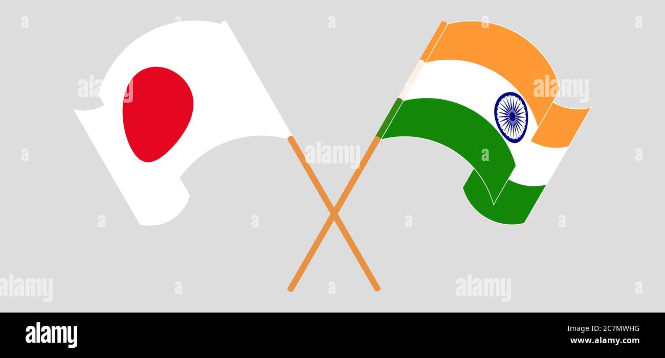 Crossed and waving flags of India and Japan. Vector illustration Stock Vector