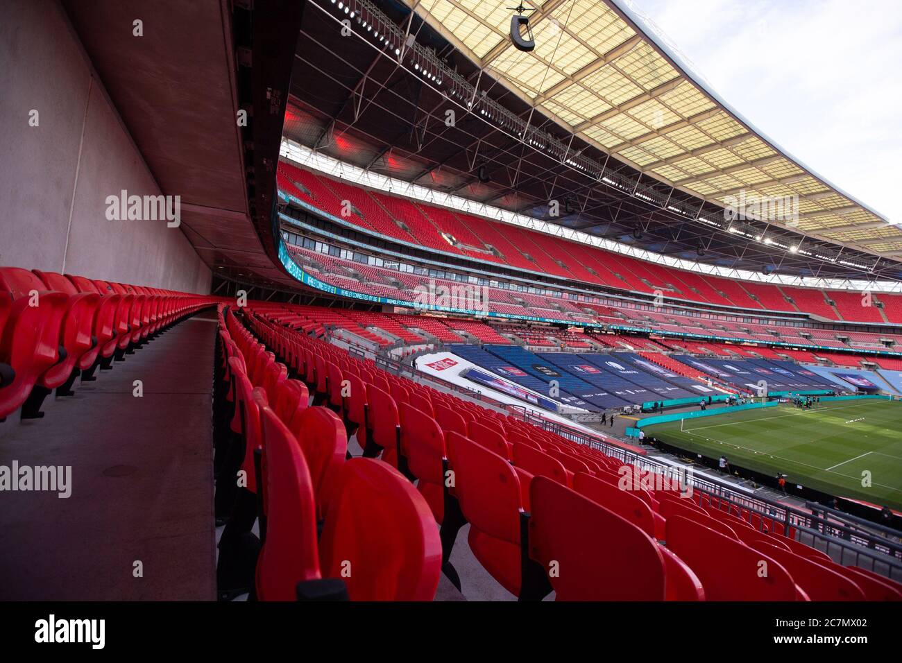London, UK. 18th July, 2020. Empty seats ahead of the FA Cup Semi Final  match between Arsenal and Manchester City at Wembley Stadium on July 18th  2020 in London, England. (Photo by