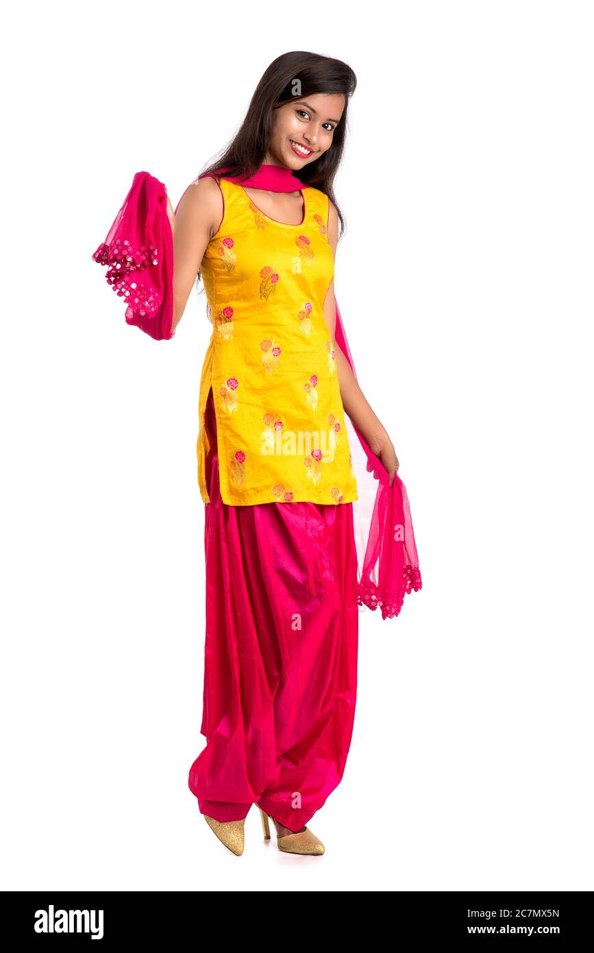 Beautiful Indian traditional girl posing on white background Stock