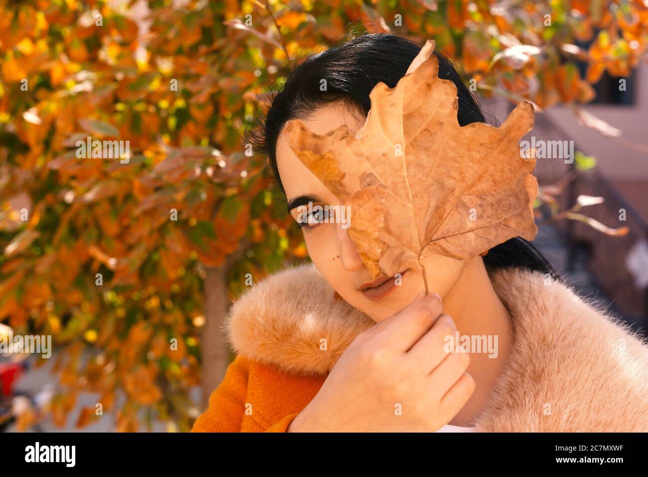 Autumn portrait of cute arabian woman covering one eye with big fall ...