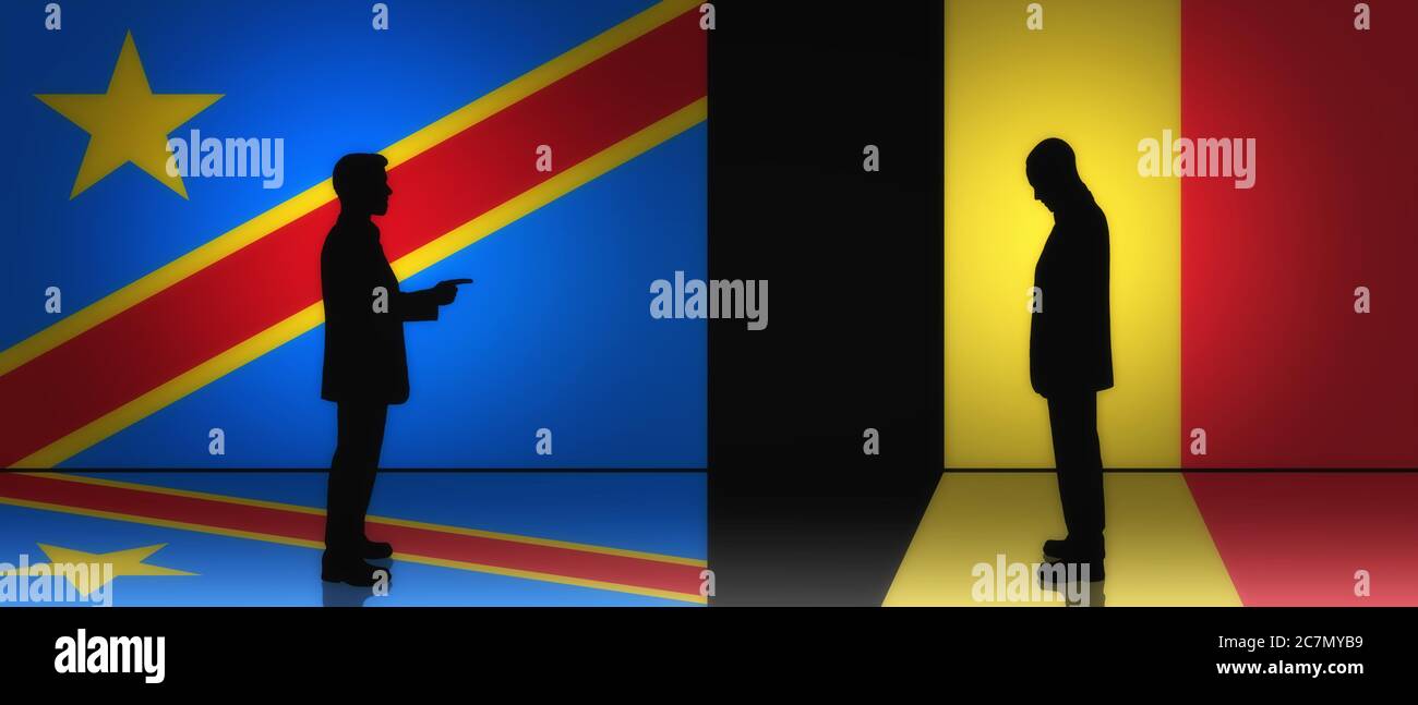 Silhouette of congolese man pointing at belgian man with flag of Congo and Belgium in background Stock Photo