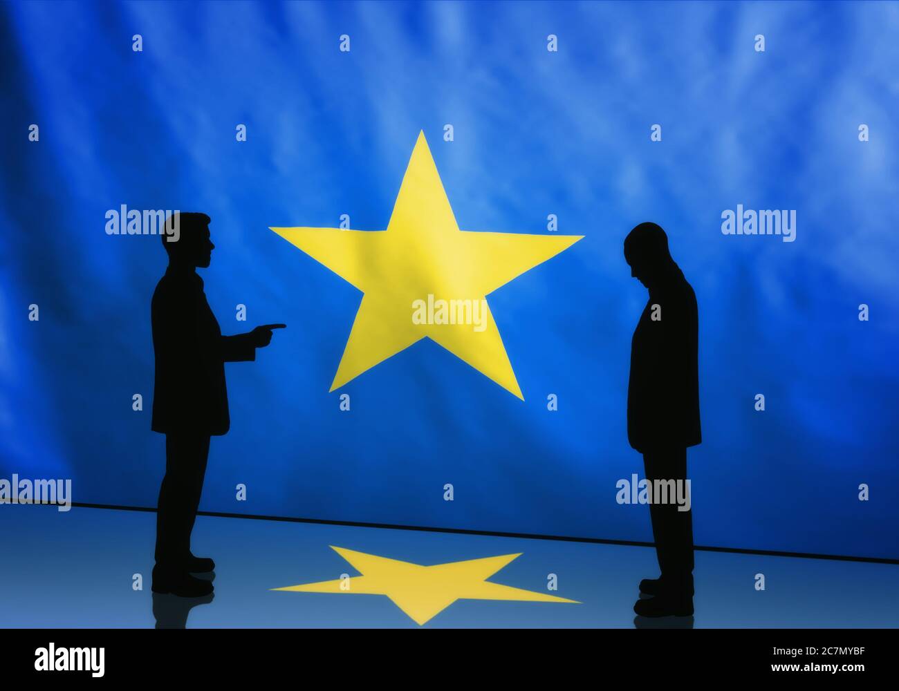 Silhouette of man pointing at other man against flag of Belgian Congo, concept of blaming Belgium and demanding apologies for atrocities during Coloni Stock Photo