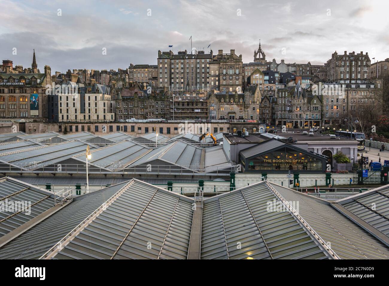 Aerial view with roofs of Waverley Mall and Waverley railway station in Edinburgh, the capital of Scotland, part of United Kingdom Stock Photo
