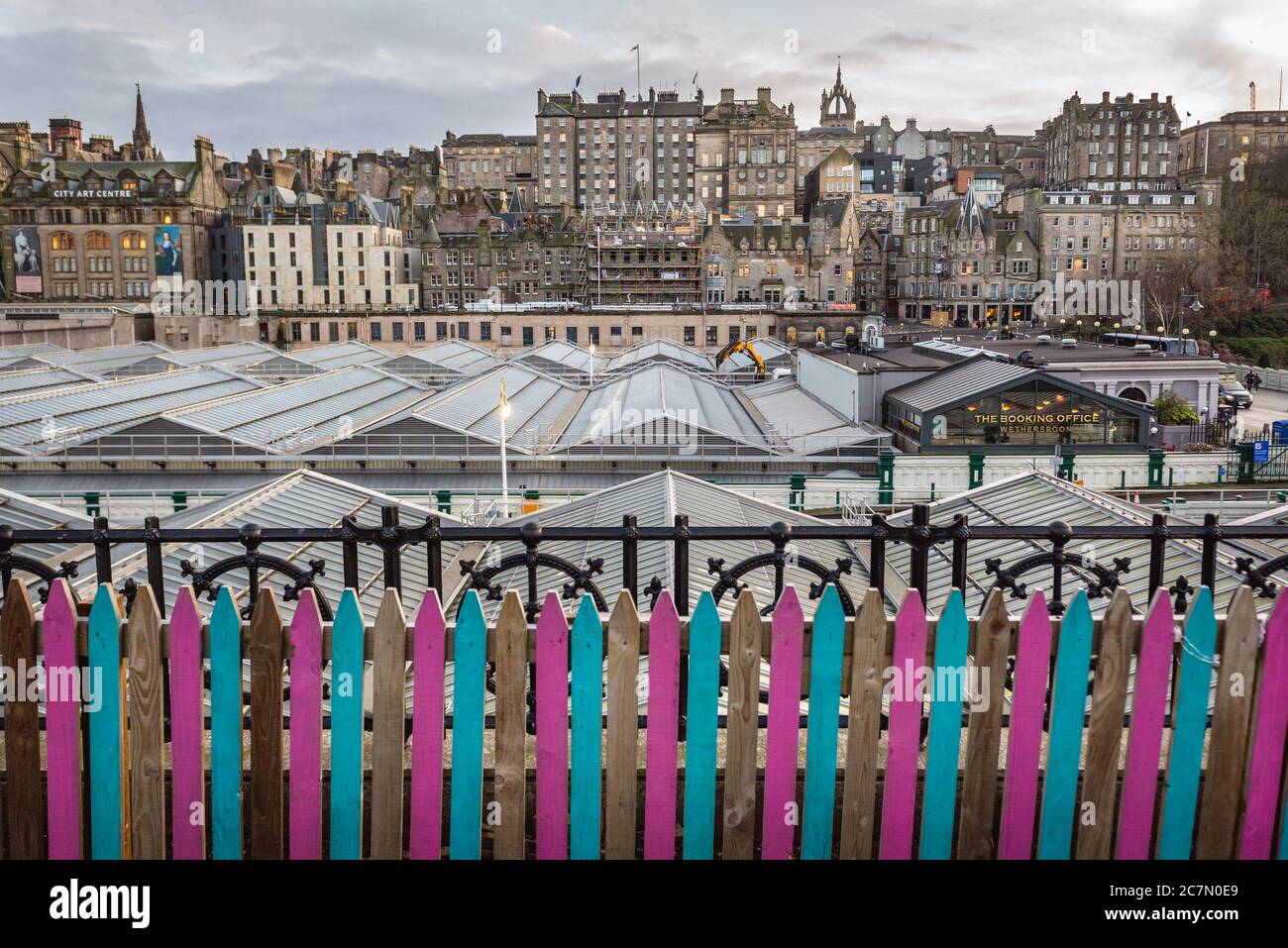 Aerial view with roofs of Waverley Mall and Waverley railway station in Edinburgh, the capital of Scotland, part of United Kingdom Stock Photo