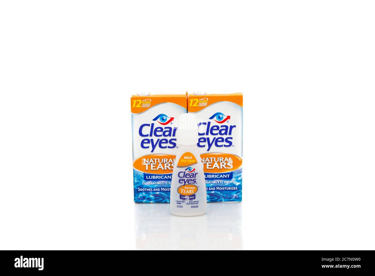 Two (2) boxes of clear eyes natural tears lubricant isolated on white