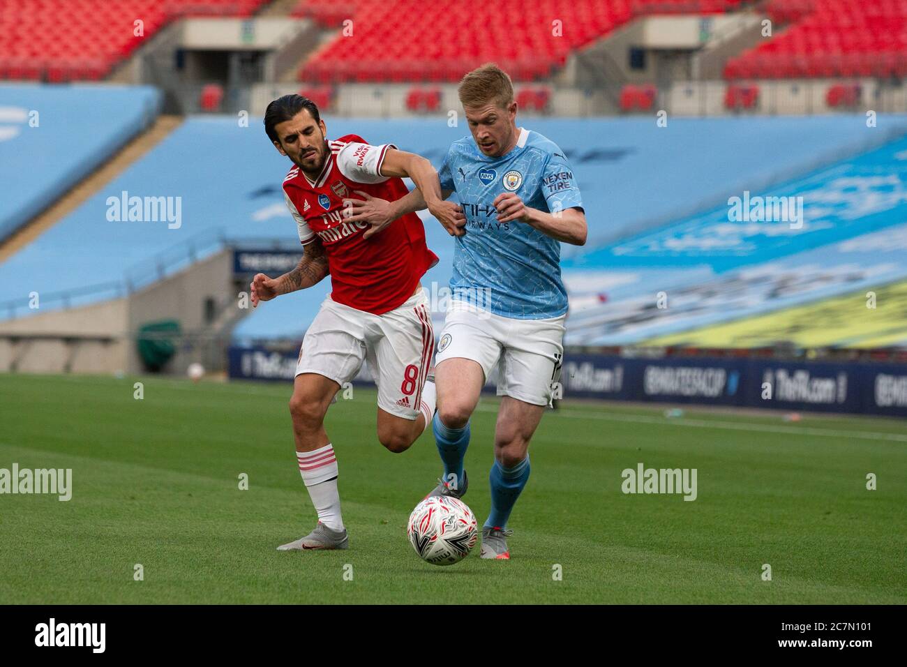 London Uk 18th July 2020 Kevin De Bruyne Of Manchester City Skips Away From Dani Ceballos Of Arsenal During The Fa Cup Semi Final Match Between Arsenal And Manchester City At Wembley