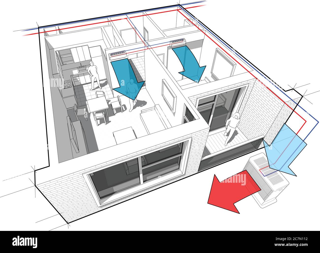 pics Home Air Conditioning Unit Diagram https www alamy com perspective cut away diagram of a one bedroom apartment completely furnished with two indoor wall air conditioner and central external unit image366182126 html