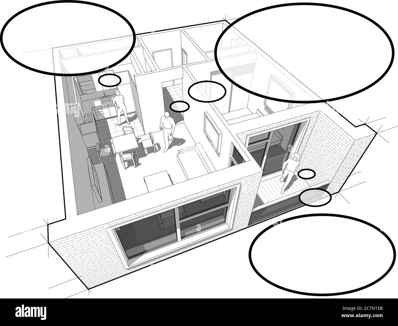 Perspective cut away diagram of a one bedroom apartment completely furnished with people with comic thought bubbles Stock Vector