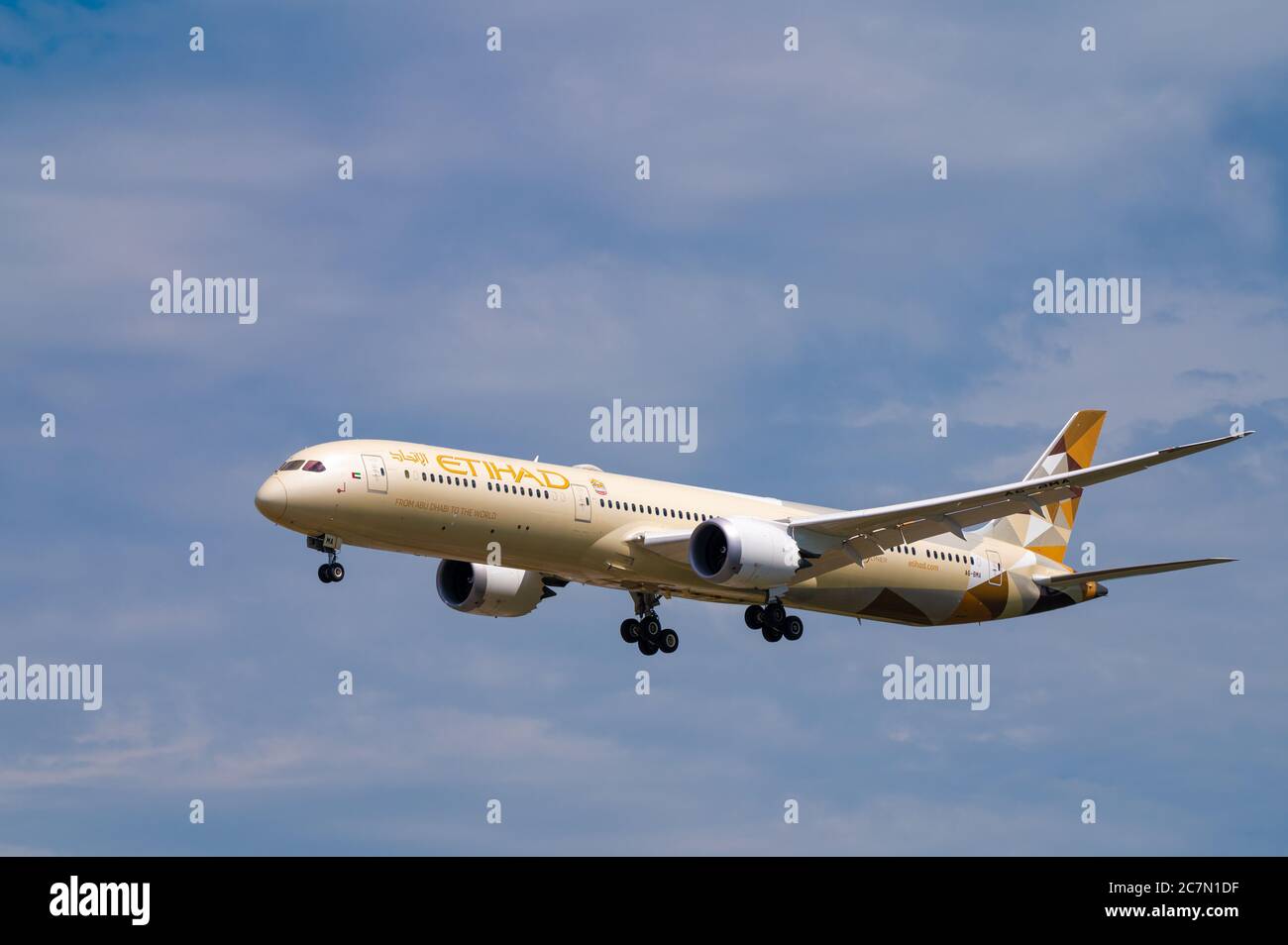 Etihad Airways Boeing 787-10 Dreamliner A6-BMA aircraft in landing configuration on approach to land at Frankfurt airport in Germany Stock Photo