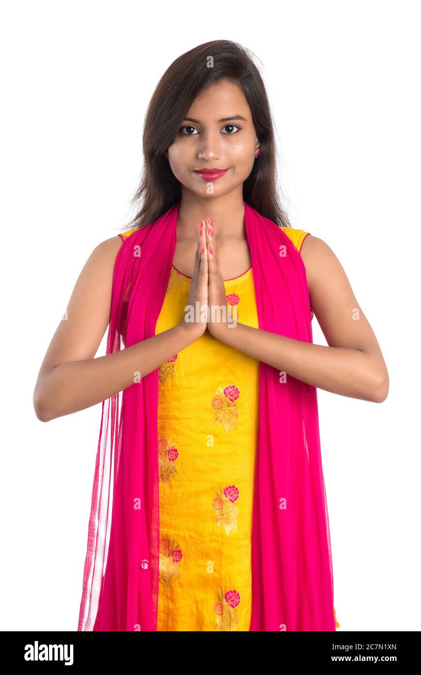 beautiful Indian women wearing saree posing greeting namaste