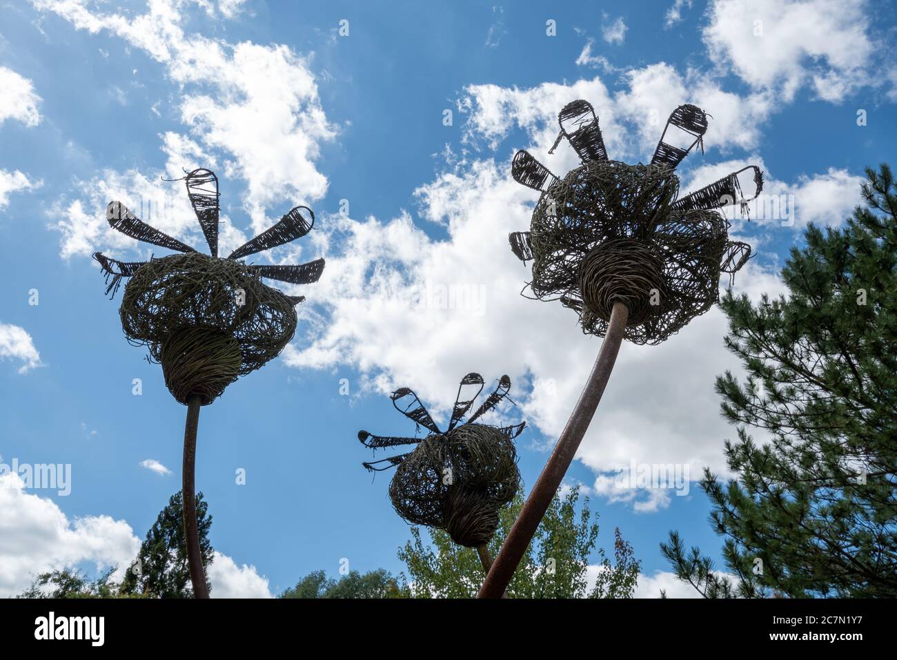 Seed head sculptures on the pinetum sculpture trail at Sir Harold Hillier Gardens in Hampshire, UK Stock Photo