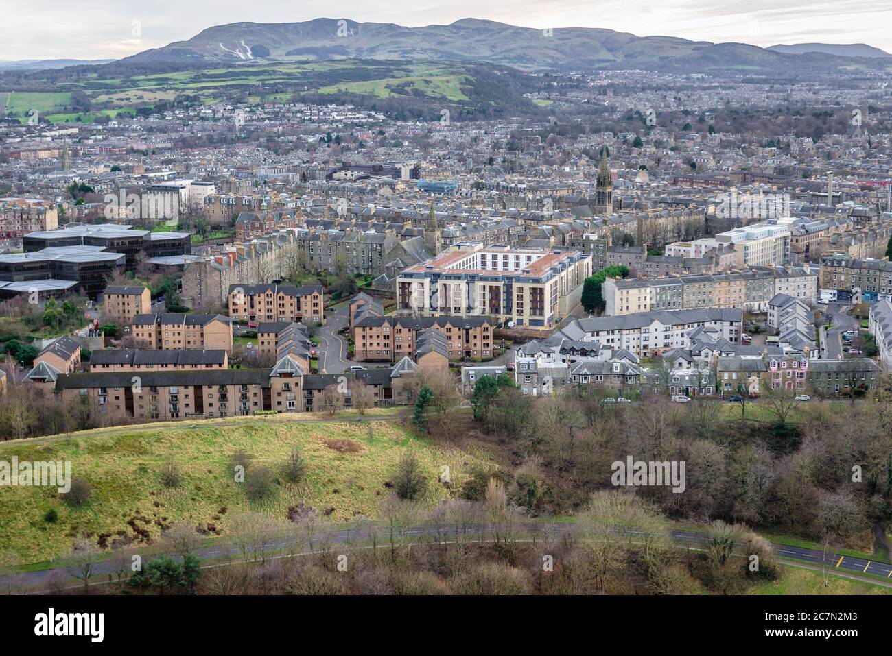 Aerial view from Holyrood Park in Edinburgh, the capital of Scotland, part of United Kingdom, view with Scottish Widows Unit Trust Managers building Stock Photo