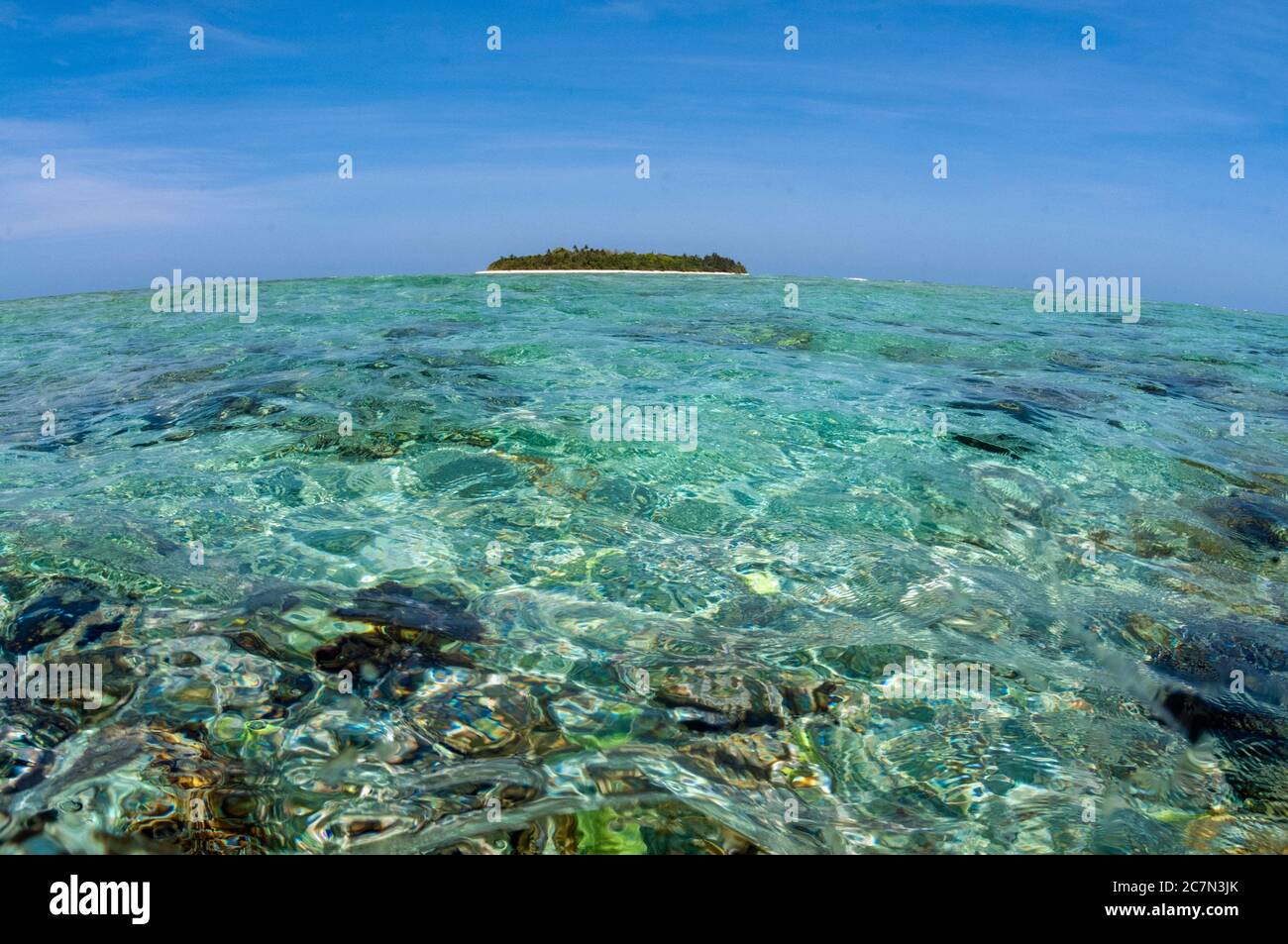 Island across shallow water, Abbot's Eddy dive site, Kadola Island, Penyu Group, Lucipara, Indonesia, Banda Sea, Pacific Ocean Stock Photo