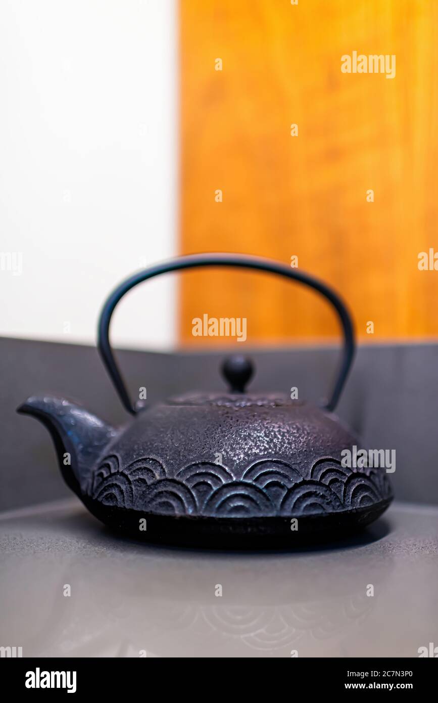Tea traditional teapot on countertop table of zen minimalism home