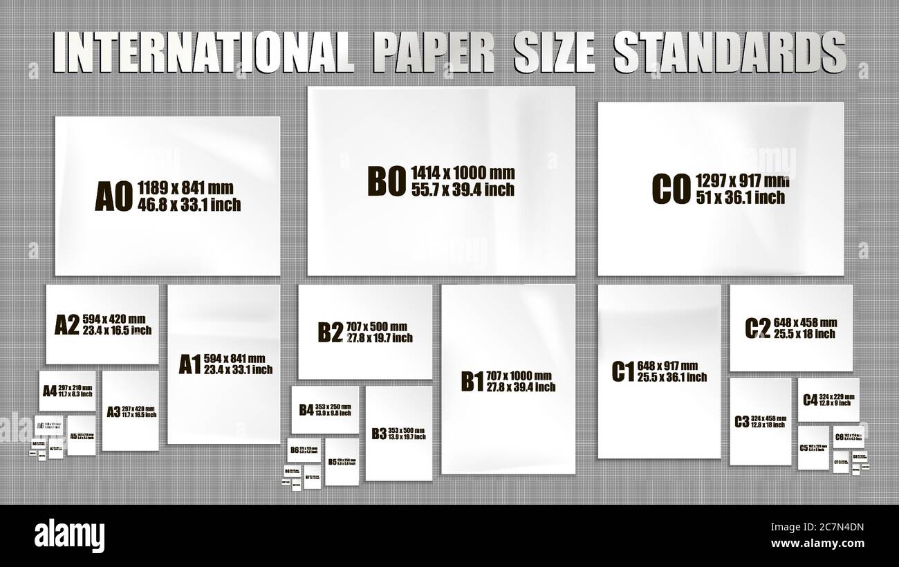 Full set of international ISO format standards of paper sheets series A, B, C. Mock up of realistic white paper pages in different sizes Stock Vector