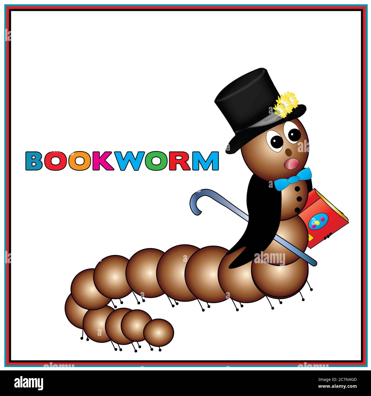 Graphic bookworm wearing a tux and carrying a book with colorful text, Bookworm Stock Photo