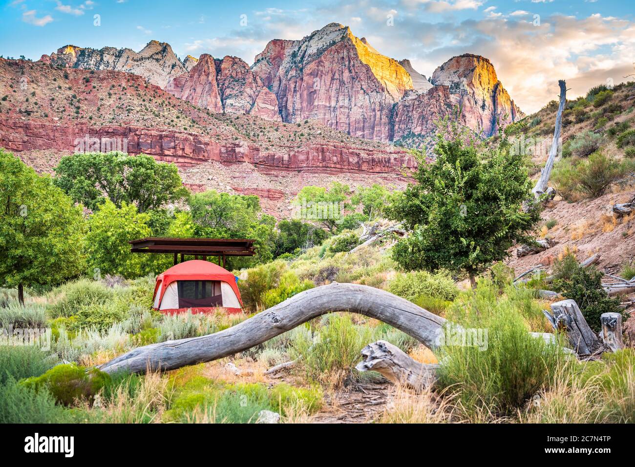 Zion National Park in Utah with tent camp site at Watchman Campground by rocks, plants trees and view of cliffs at sunset Stock Photo