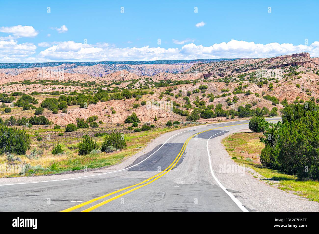 Landscape scenic drive from car point of view during summer from High Road to Taos famous trip near Chimayo and Santa Fe in New Mexico Stock Photo