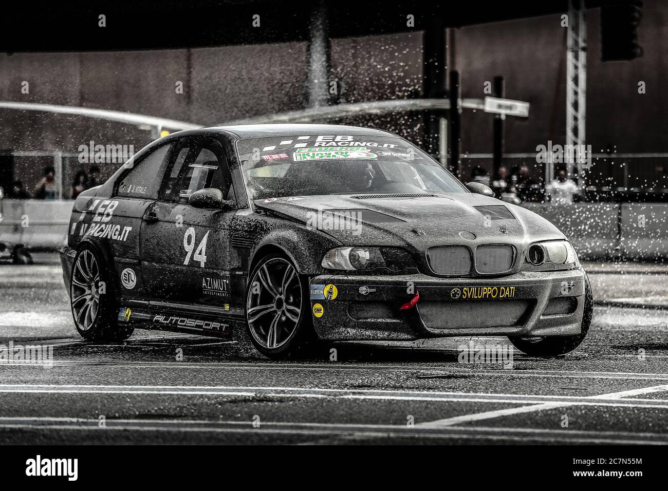 Milan, Italy, June 02, 2018:black BMW racing car in action during the 1st Drift Show Il Destriero at the Iper Drive in Milan. Stock Photo