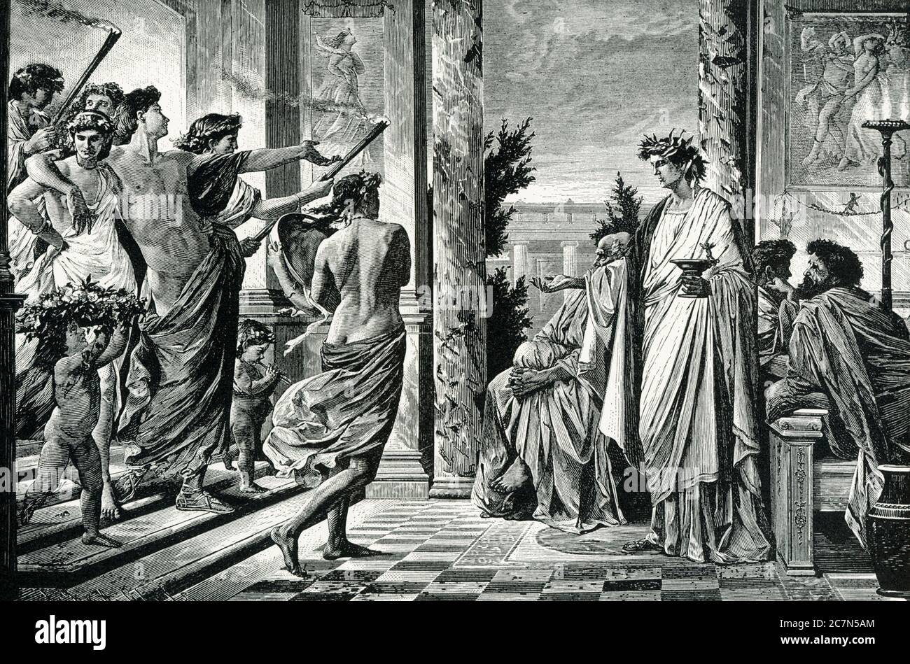 Alcibiades Interrupting the Banquet of Agathon. A characteristic picture of ancient Grecian life, this illustrates the story told in Plato’s “Banquet” or Symposium. The  young Alcibiades (later became Athenian staesman)  and a band of drunken revellers burst in upon the feast at which the poet Agathon (lived 400s B.C.) is entertaining Socrates and others. The host meets the flower-crowned invaders, half in welcome, half in rebuke. Stock Photo