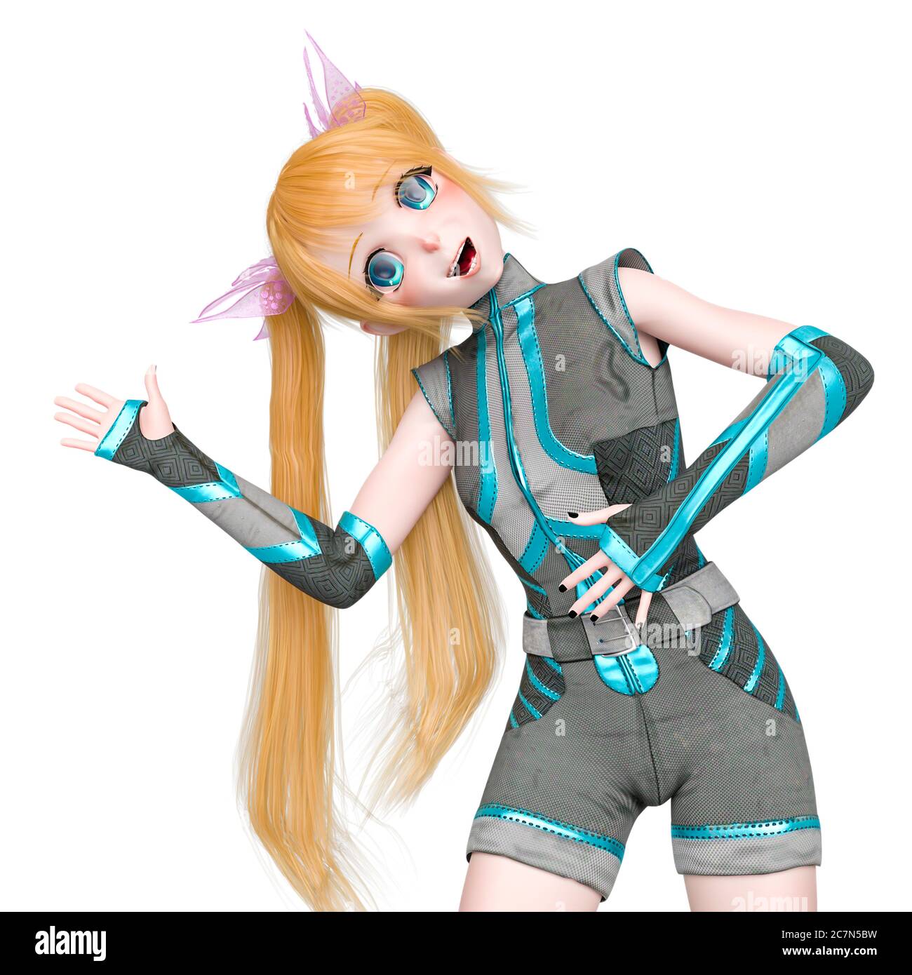blond girl is doing a robot dance in a sporty outfit on kwaii anime style in white background, 3d illustration Stock Photo