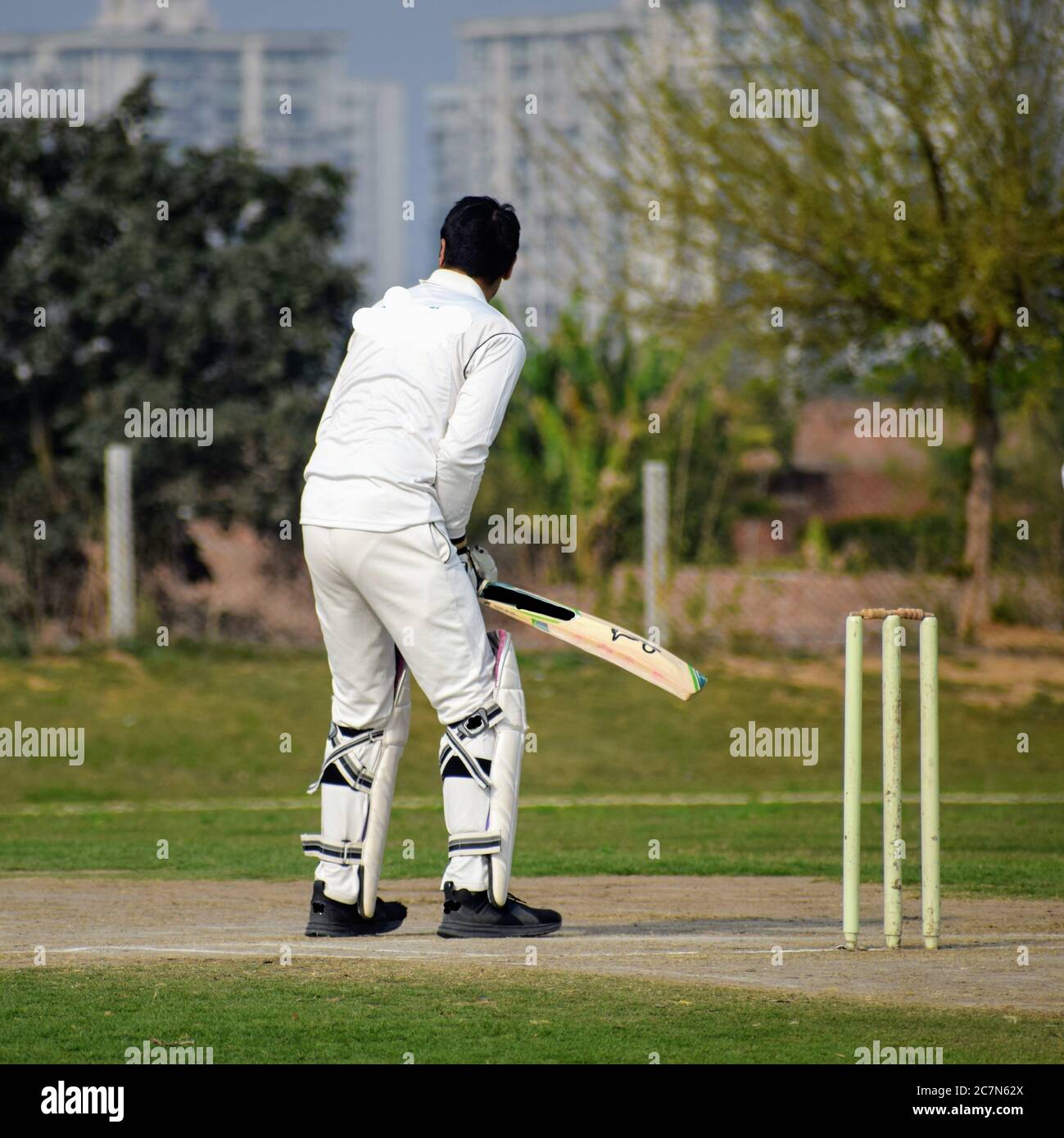 Full length of cricketer playing on field during sunny day, Cricketer on the field in action, Players playing cricket match at field during the day ti Stock Photo