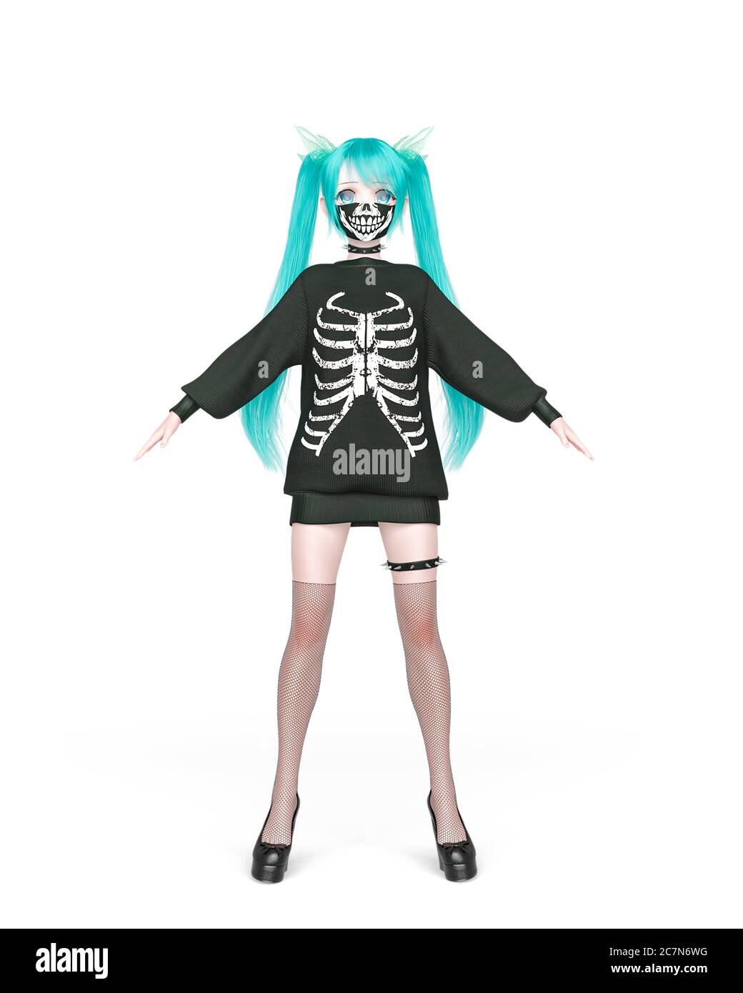street girl wearing a skeleton outfit on kwaii anime style on white  background, 3d illustration Stock Photo - Alamy