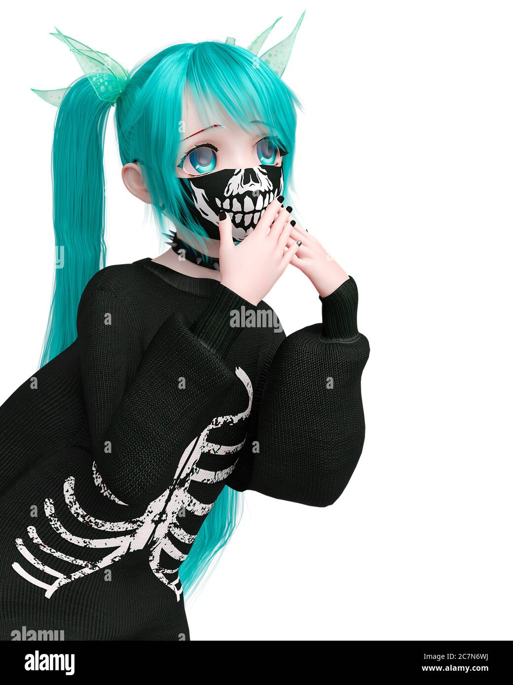 street girl wearing a skeleton outfit doing a shy pose on kwaii anime style  on white background, 3d illustration Stock Photo - Alamy