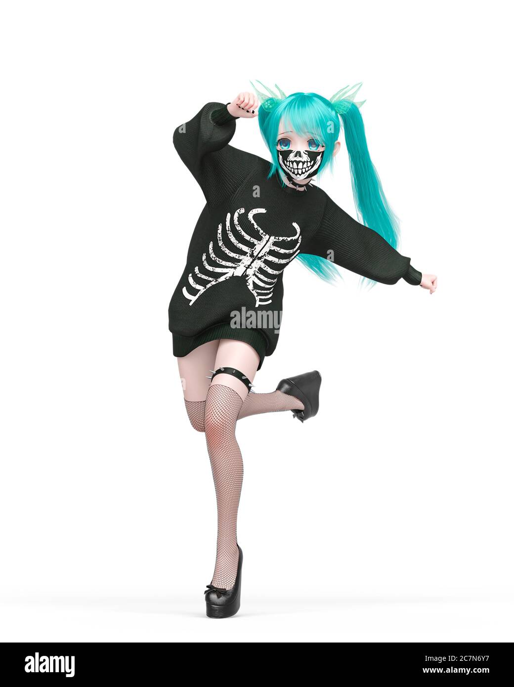 street girl is running and wearing a skeleton outfit on kwaii anime style,  3d illustration Stock Photo - Alamy
