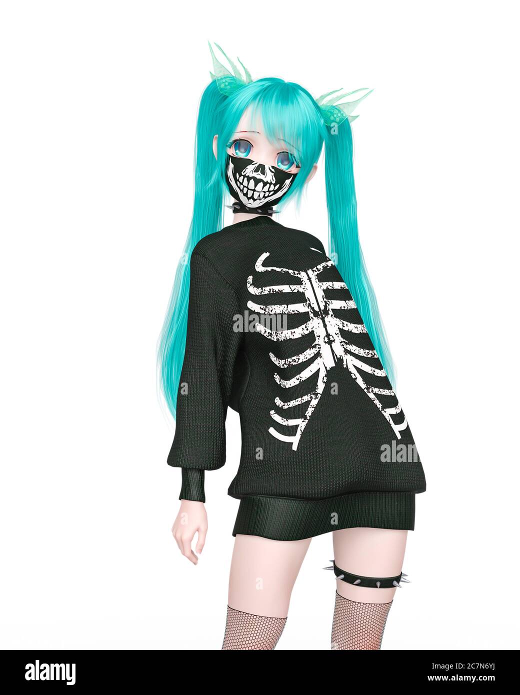 street girl wearing a skeleton outfit doing a cute pose on kwaii anime  style on white background, 3d illustration Stock Photo - Alamy
