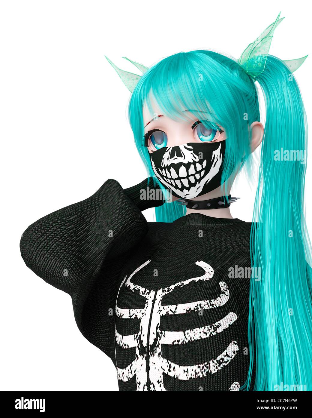 street girl is thinking about wearing a skeleton outfit on kwaii anime style on white background, 3d illustration Stock Photo