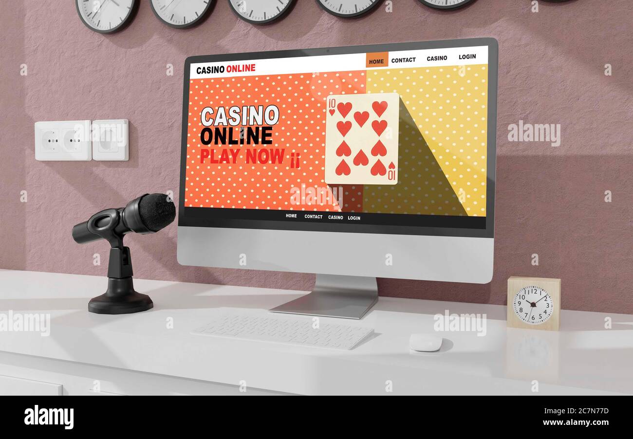 Desktop computer on the table of the office mockup 3d rendering. 3d illustration.Casino online concept Stock Photo