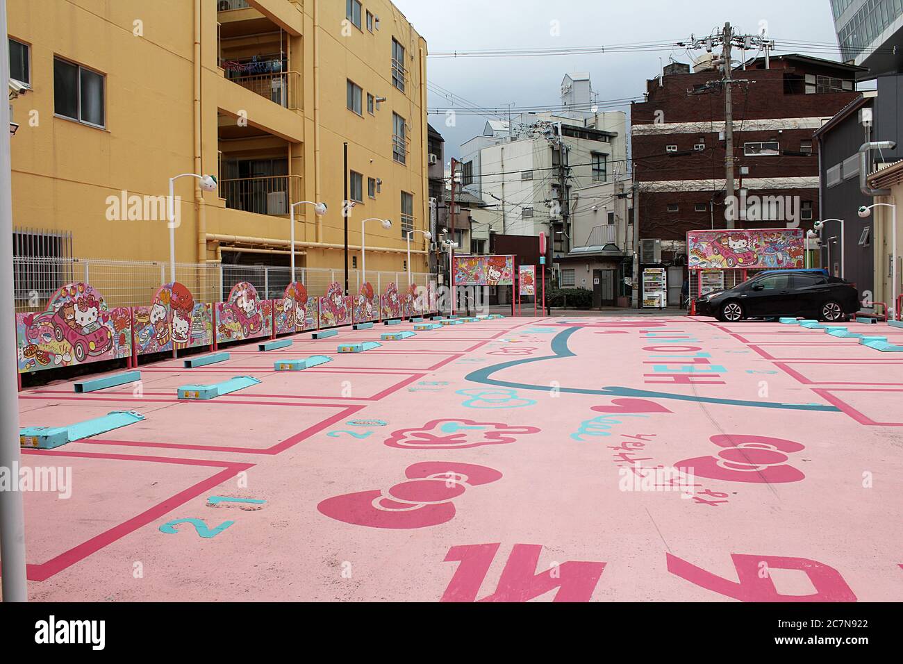 Osaka, Japan - 22 March 2018: Pink Hello Kitty parking lot in Shinsekai. Stock Photo