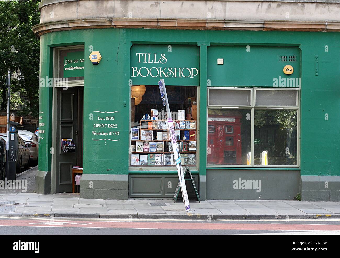 Edinburgh, Scotland - 30 July 2014: Green storefront of Tills Bookshop, a secondhand independent bookshop near The Meadows. Stock Photo
