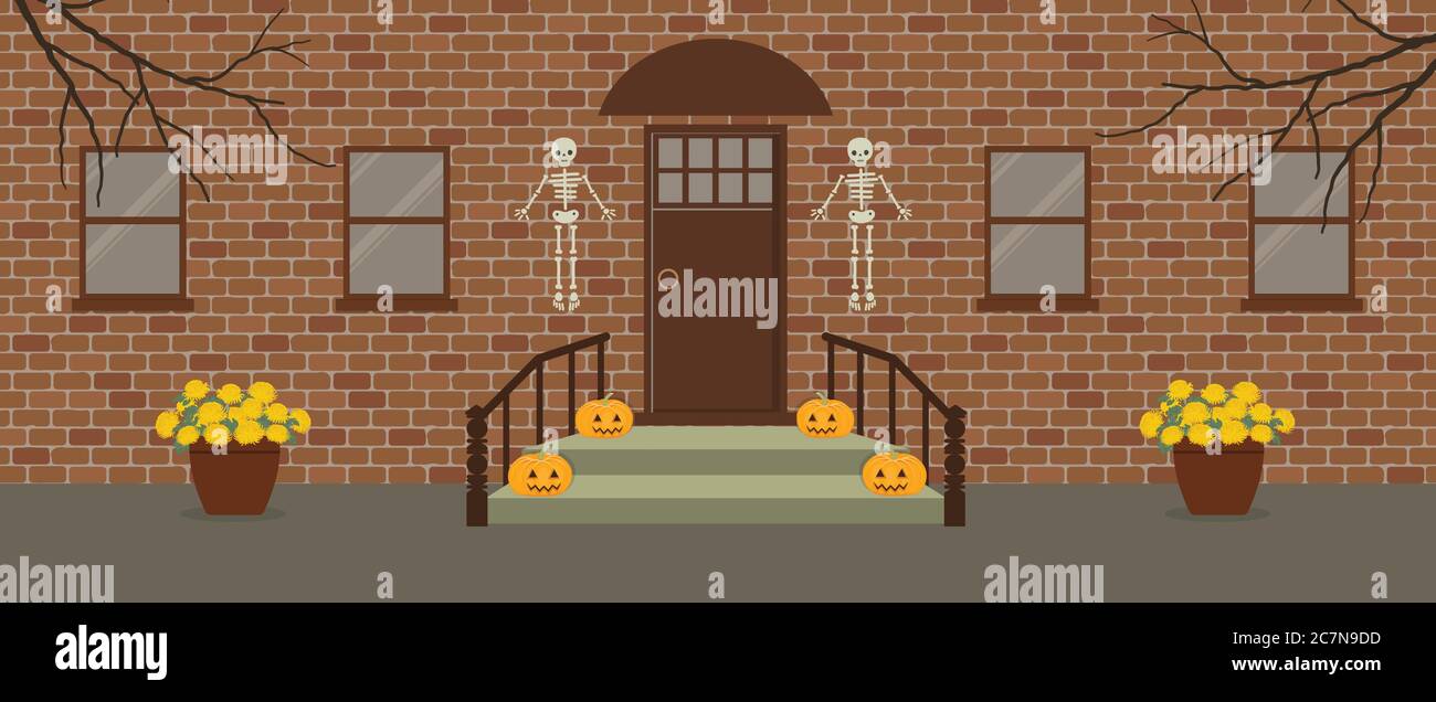 Porch, decorated for Halloween. Front Porch Halloween Decorations. There are skeletons, pumpkins and pots of chrysanthemums on a brick background Stock Vector